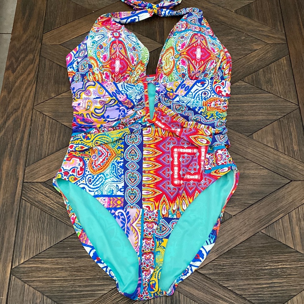 Bleu Rod Beattie Multicolor Paisley & Mosaic Halter One-Piece Swimsuit